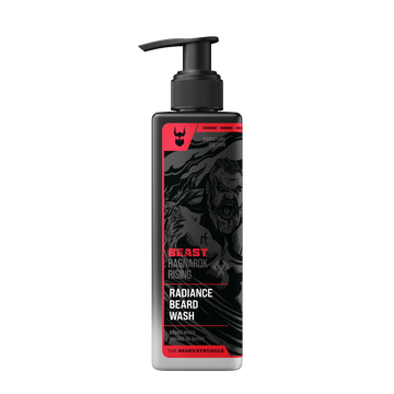Radiance Beard Wash bottle with black pump on a white background