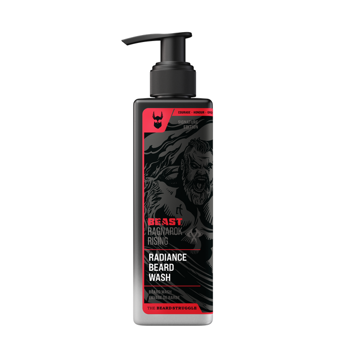 Radiance Beard Wash bottle with black pump on a white background