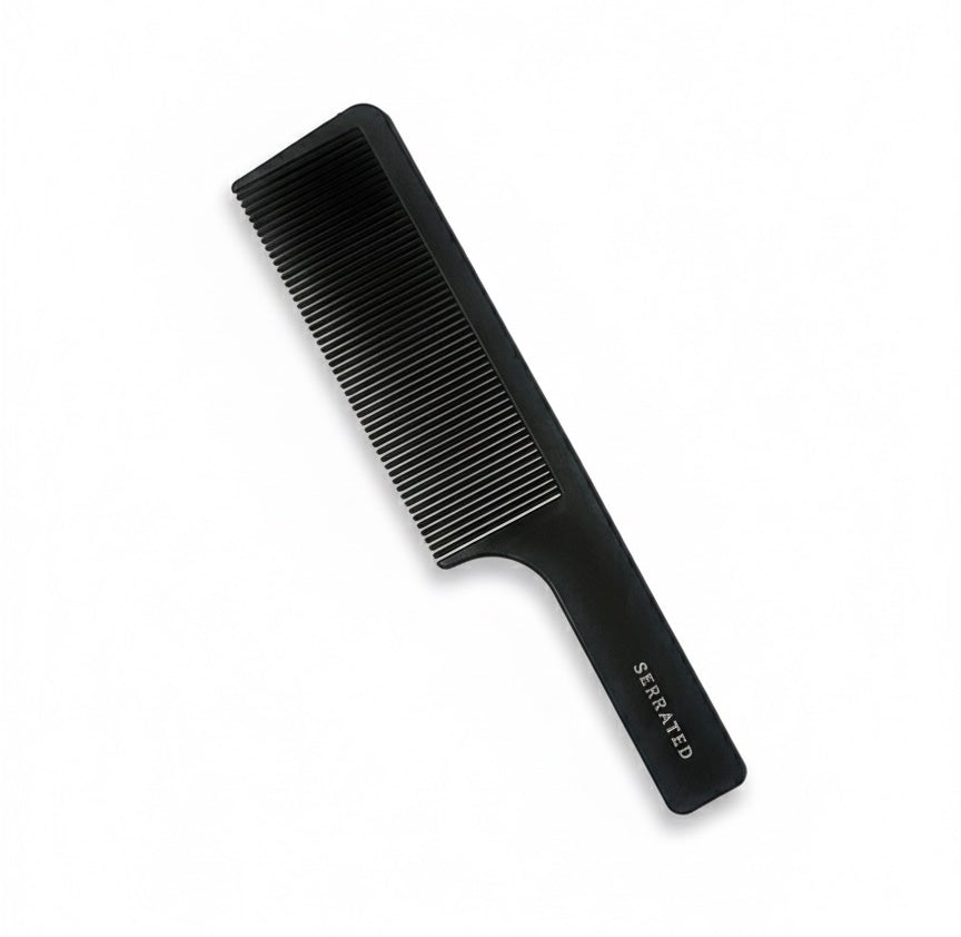 Black comb with 'SERRATED' text on a white background
