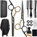 Set of barber tools including scissors, combs, and a cape on a white background