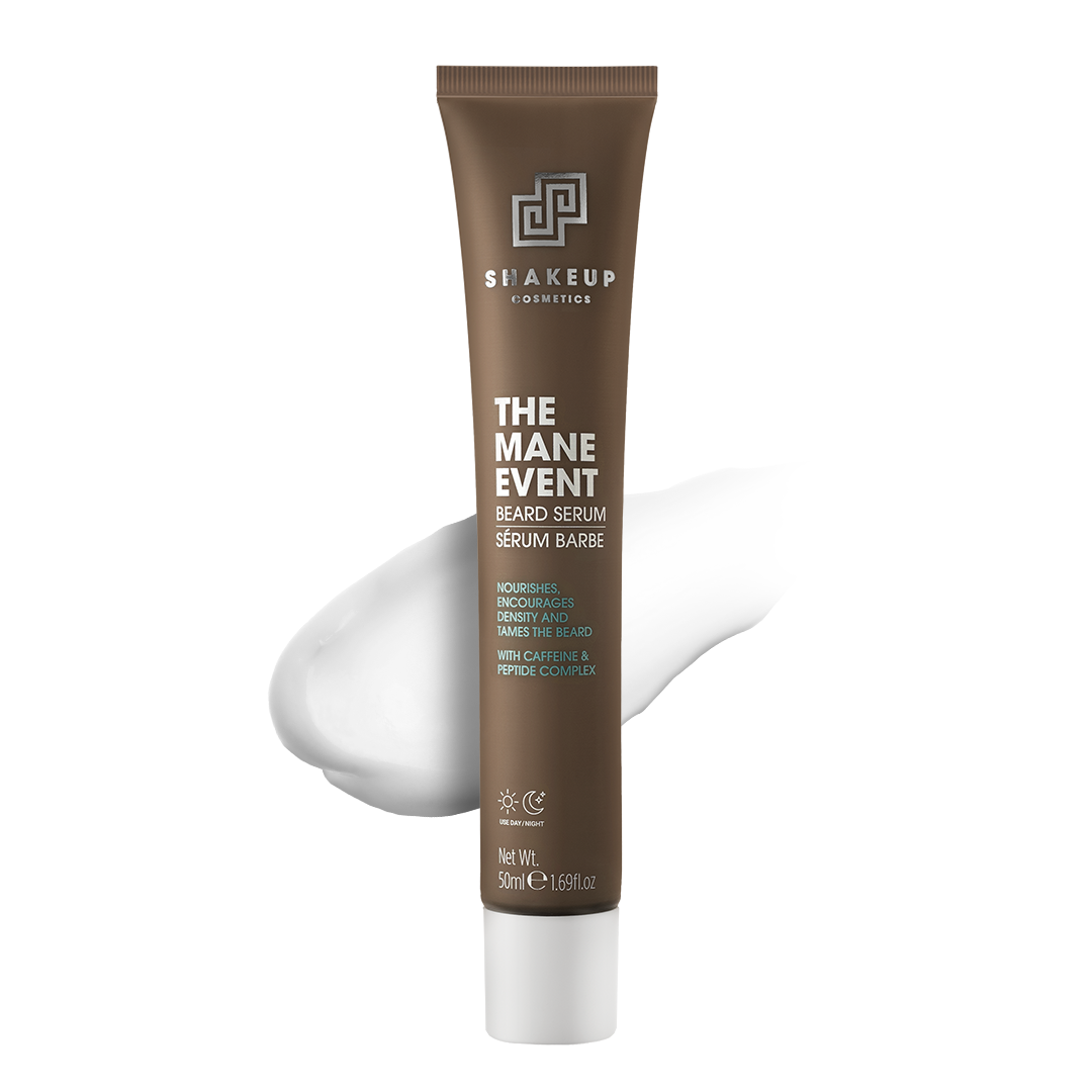 Beard serum tube labeled 'The Mane Event' by Shakeup Cosmetics on a white background