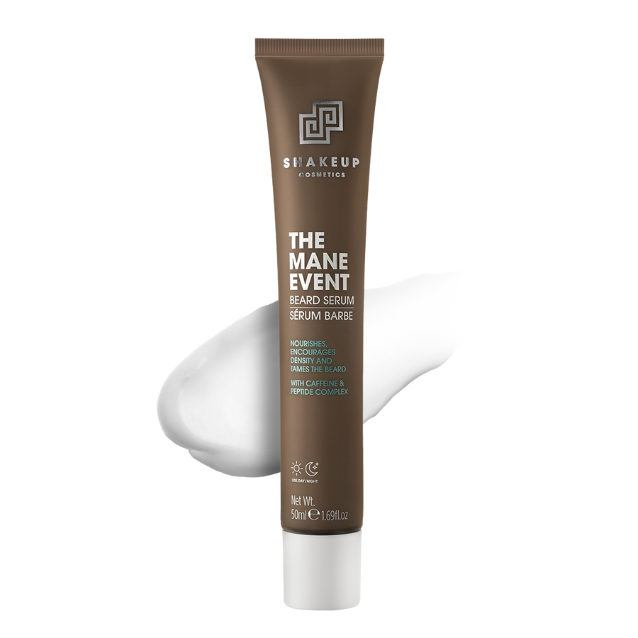 Beard serum tube labeled 'The Mane Event' by Shakeup Cosmetics on a white background