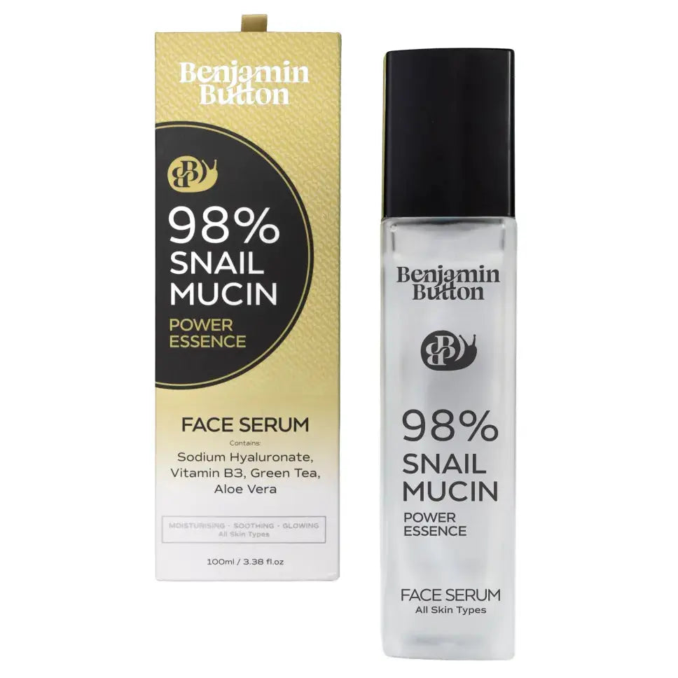 Benjamin Button 98% Snail Mucin Hydrating Essence bottle on white background