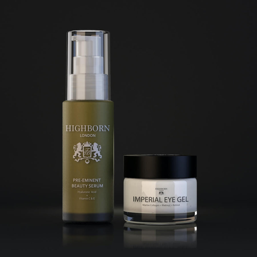 Highborn London anti-ageing skincare duo on dark studio background