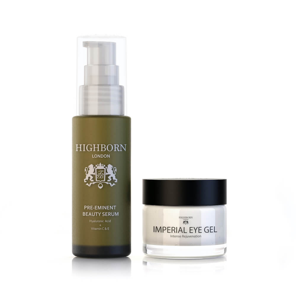Highborn Pre-Eminent Beauty Serum and Imperial Eye Gel duo set on white background