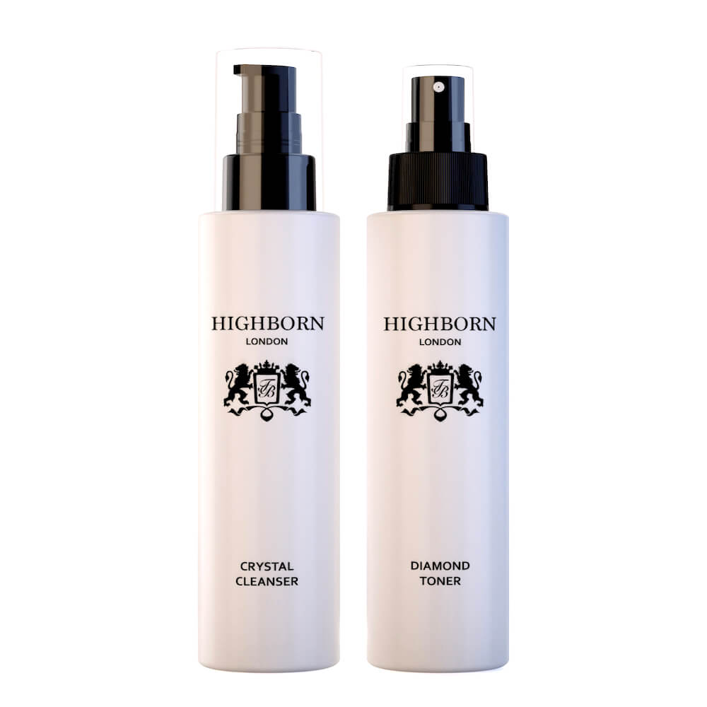 Highborn London Crystal Cleanser and Diamond Toner duo set on white background