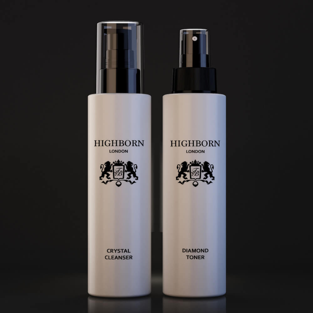 Highborn London Crystal Cleanser and Diamond Toner duo set on white background