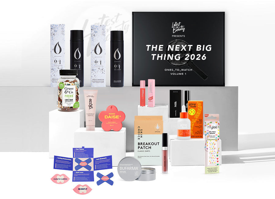 Collection of skincare and beauty products with 'The Next Big Thing 2026' theme on a white background