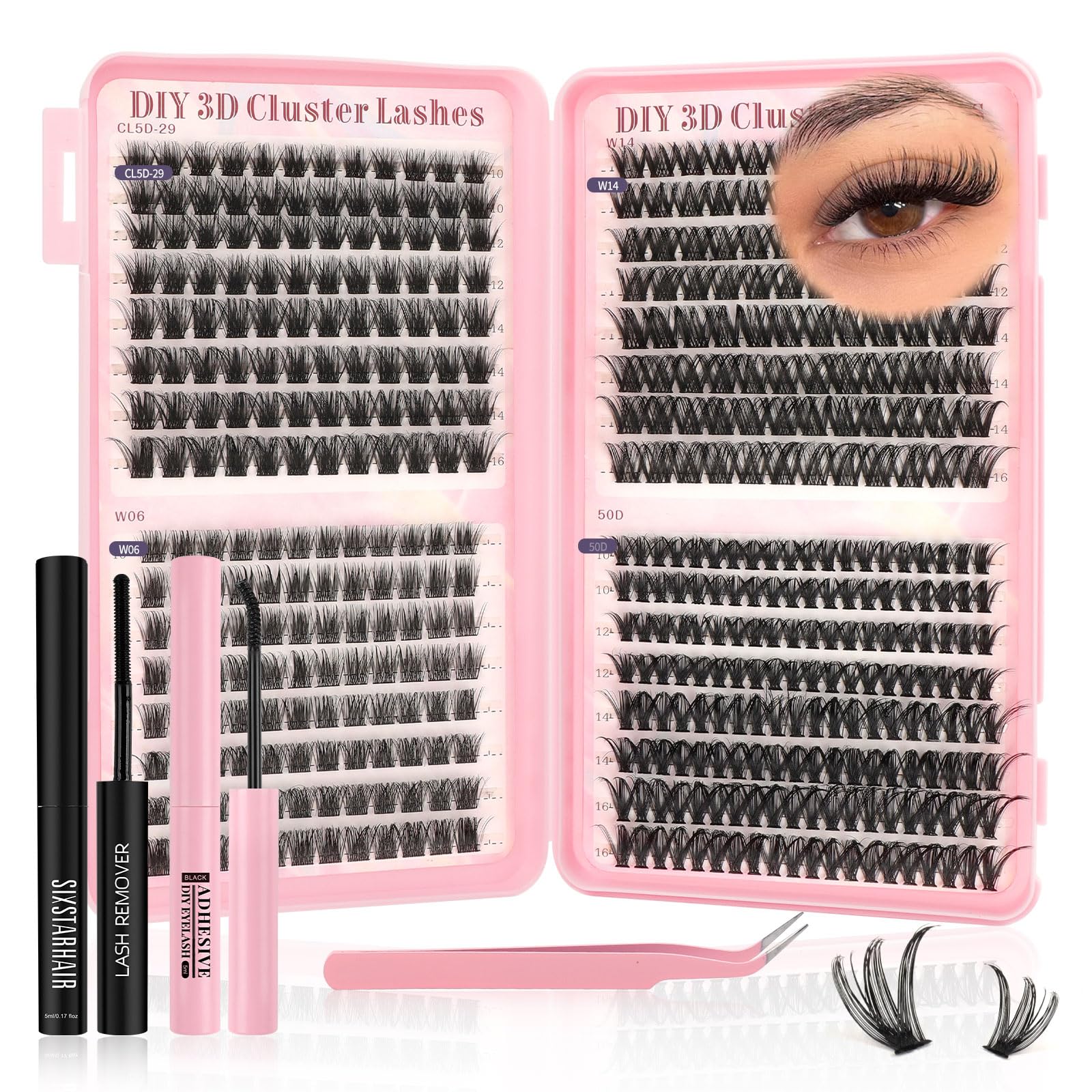DIY 3D cluster lashes set with tools on a white background