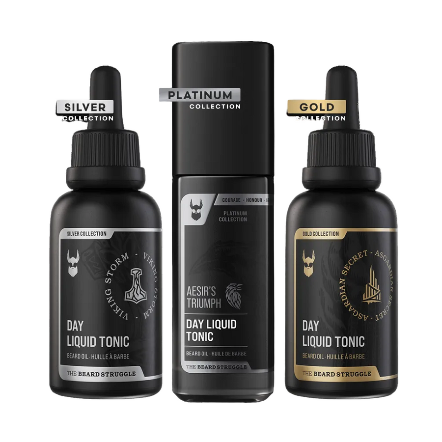 Three bottles of 'Day Liquid Tonic' from different collections on a black background