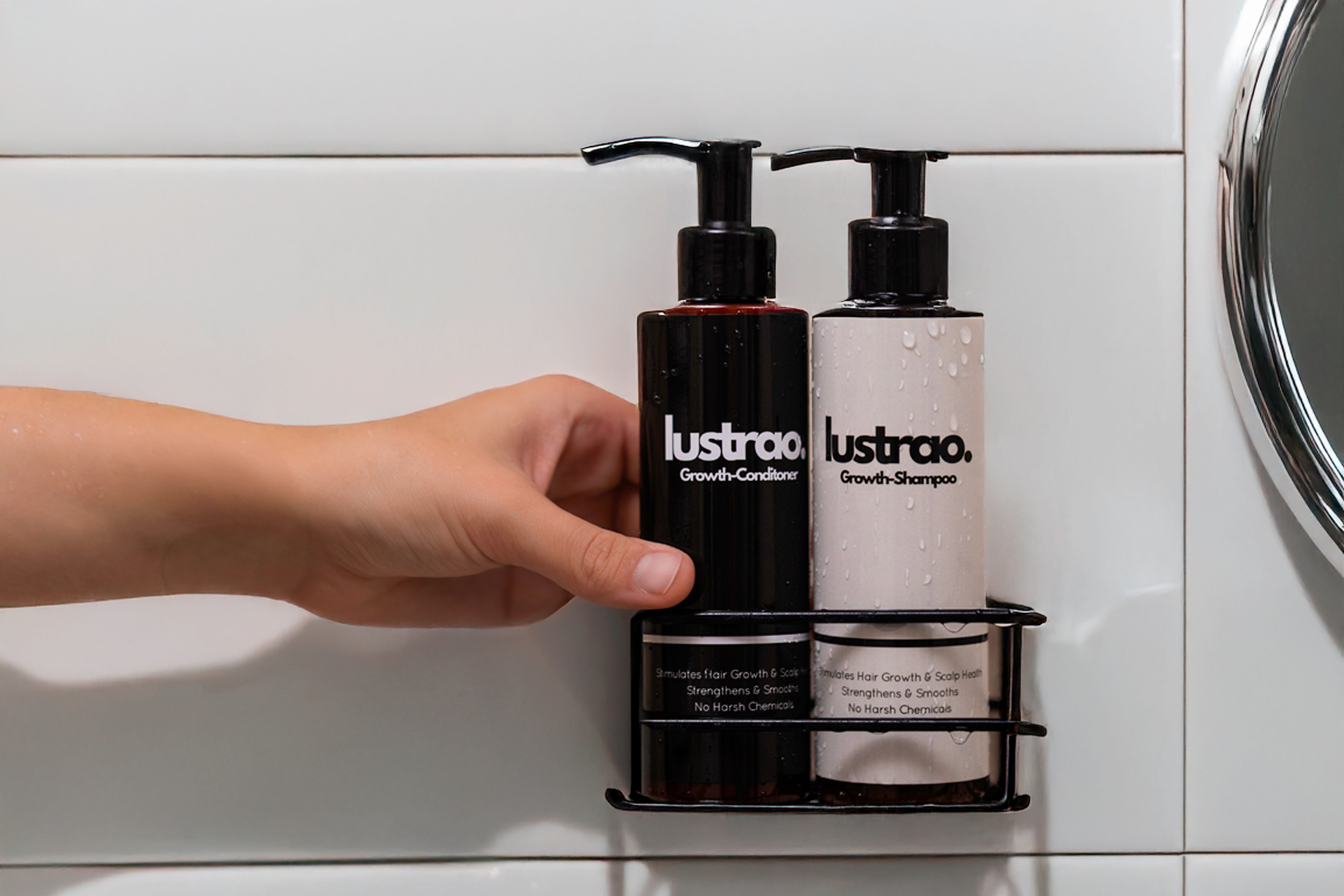Lustrao Hair Growth Shampoo and Conditioner Duo on a white background – strengthening clean haircare set.