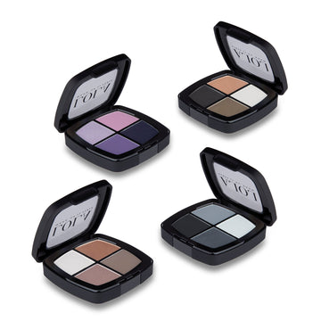 Four open eye shadow palettes with visible color swatches on a white background