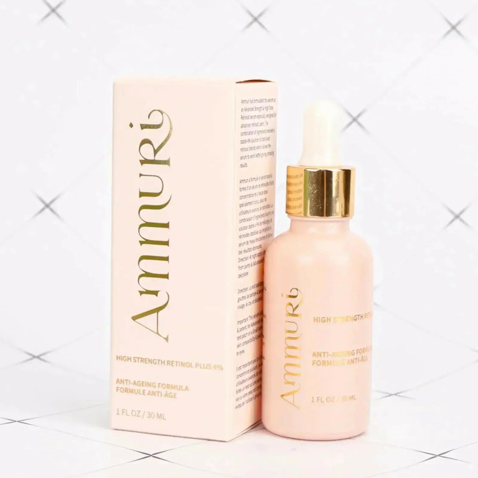 Ammuri skincare product with packaging on a light gray background