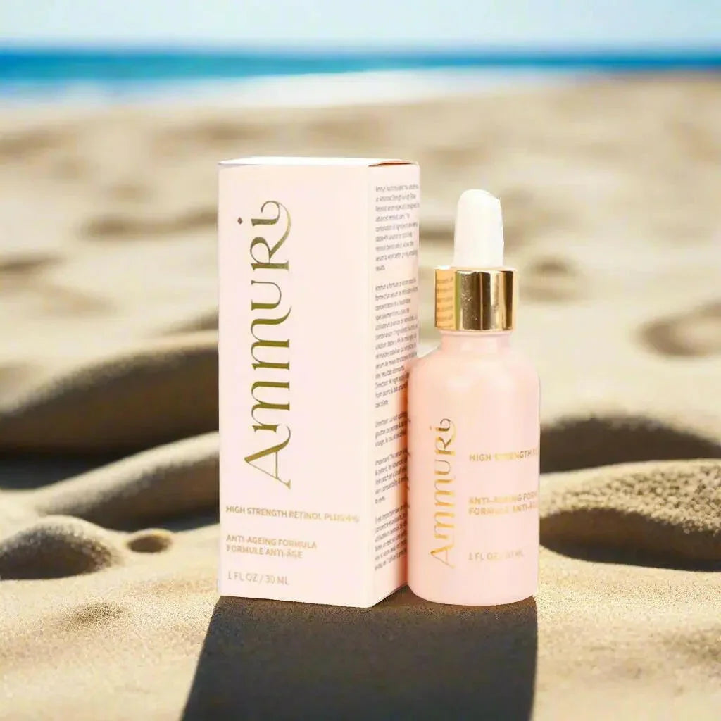 Ammuri skincare product with packaging on a light gray background