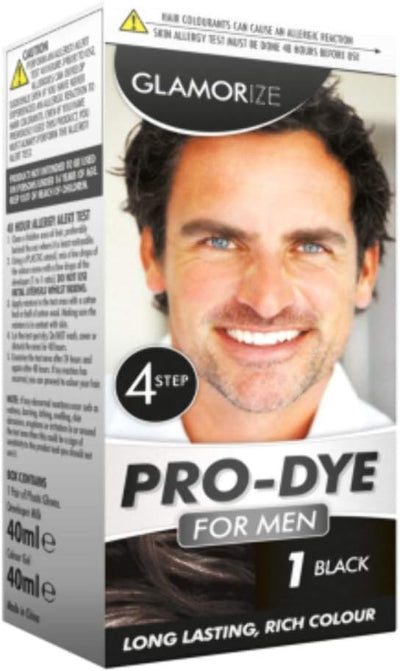 Glamorize Pro-Dye for Men hair color kit packaging with a man's face on it.