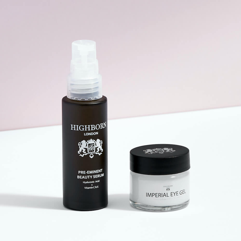 Highborn Pre-Eminent Beauty Serum and Imperial Eye Gel duo set on white background