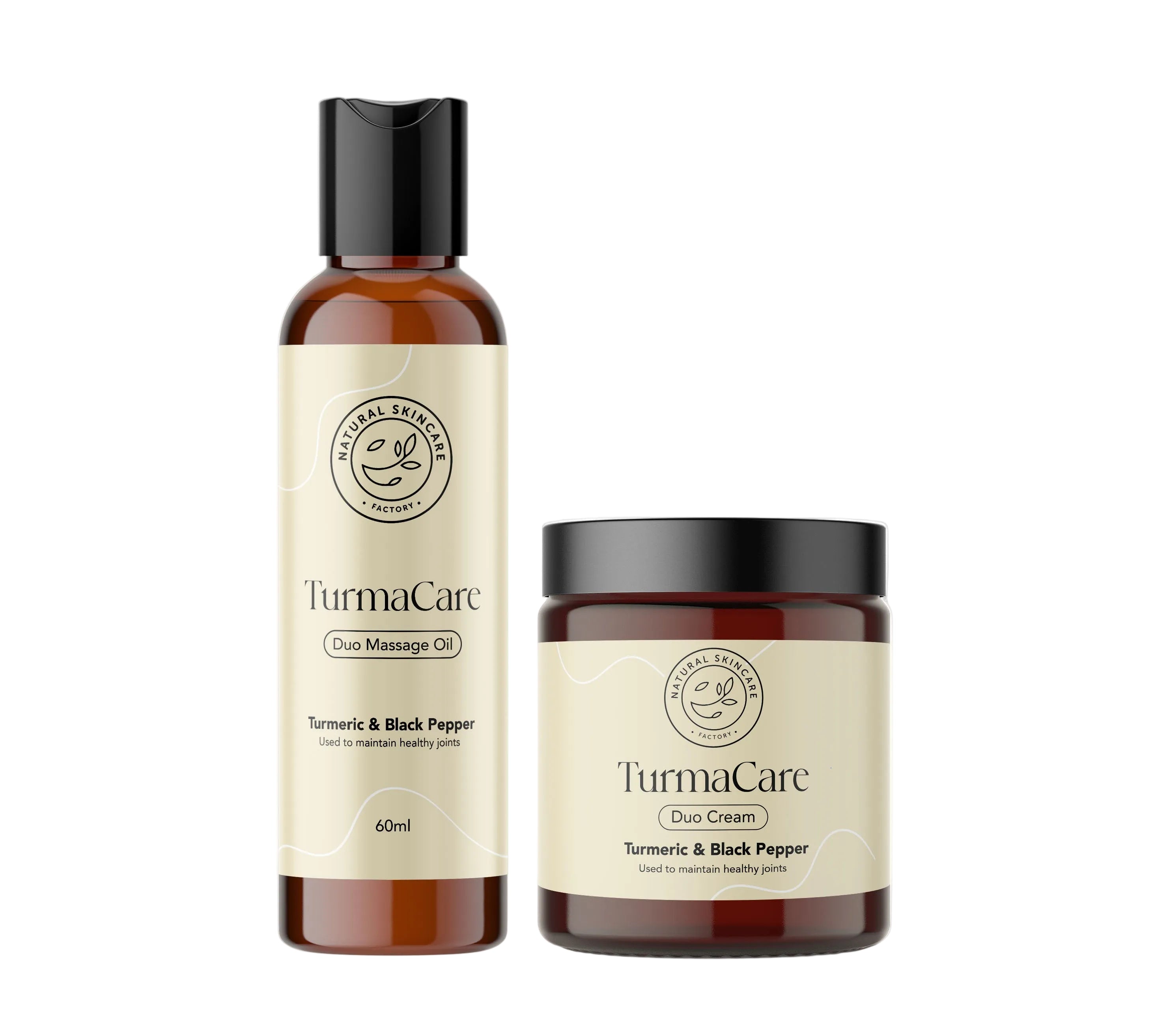 TurmaCare Duo Massage Oil and Duo Cream on a white background