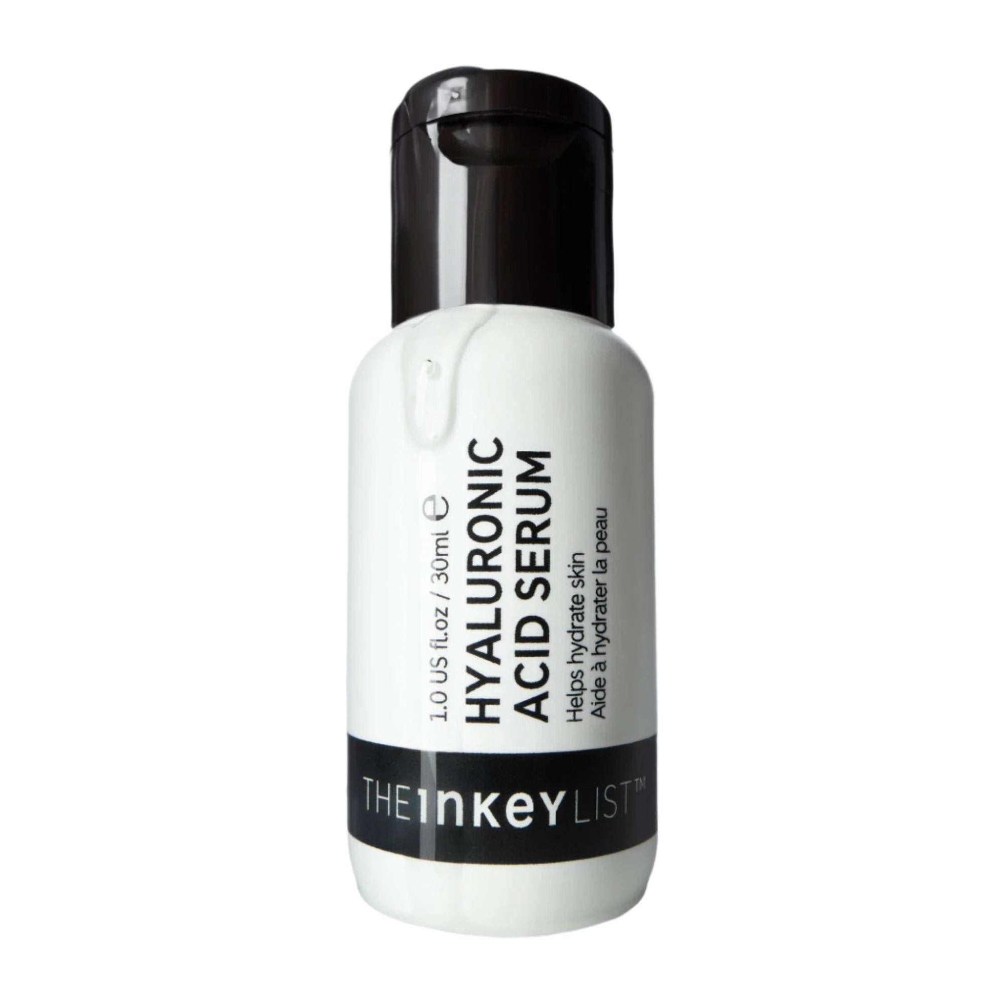 Hyaluronic acid serum bottle with black cap on a white background