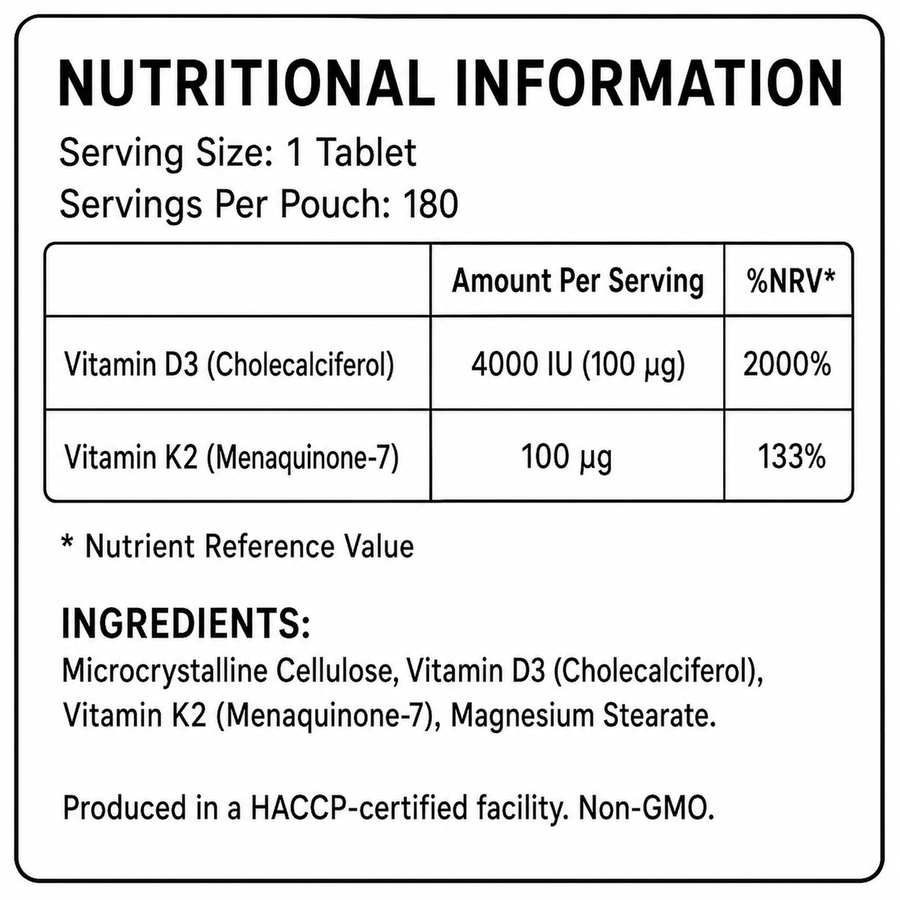Vitamin D3 4000 IU + K2 MK-7 100 µg – 180 Tablets