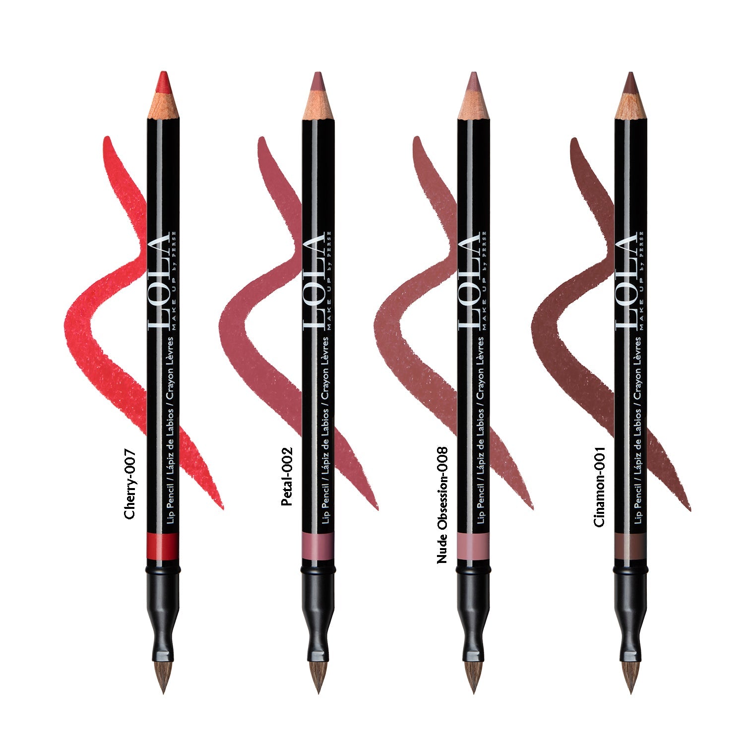 Set of four lip liner pencils with wavy lines and visible brand name on a white background