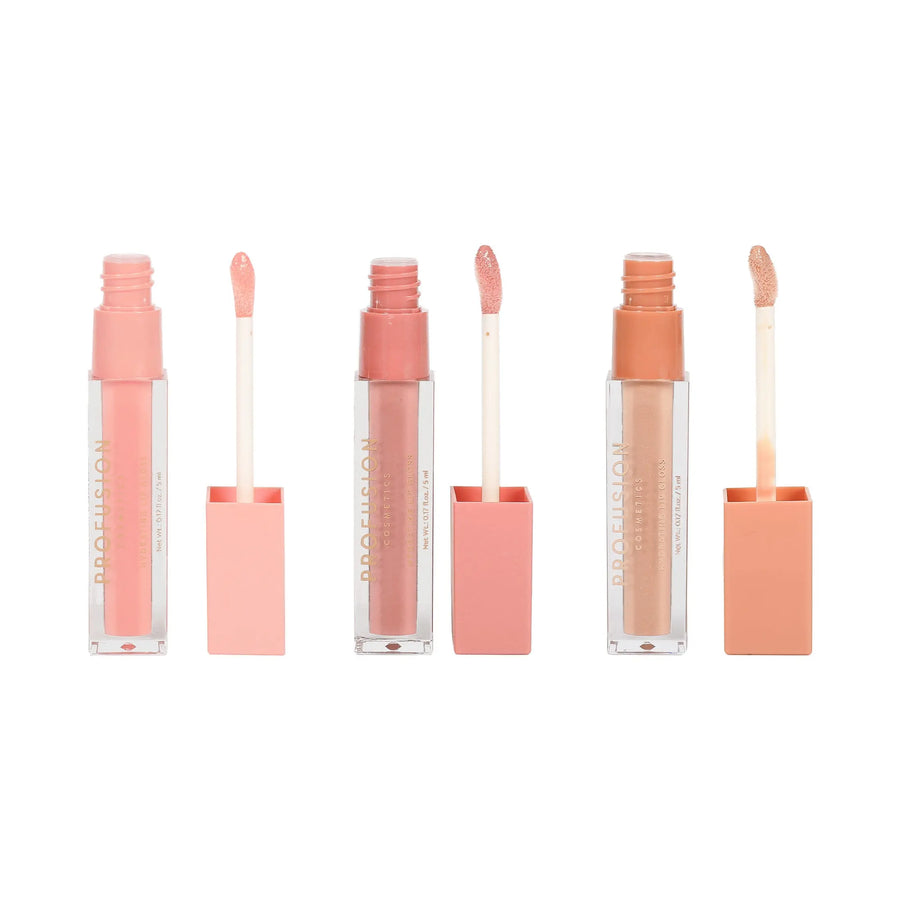 Profusion Nudes lip gloss trio shown open