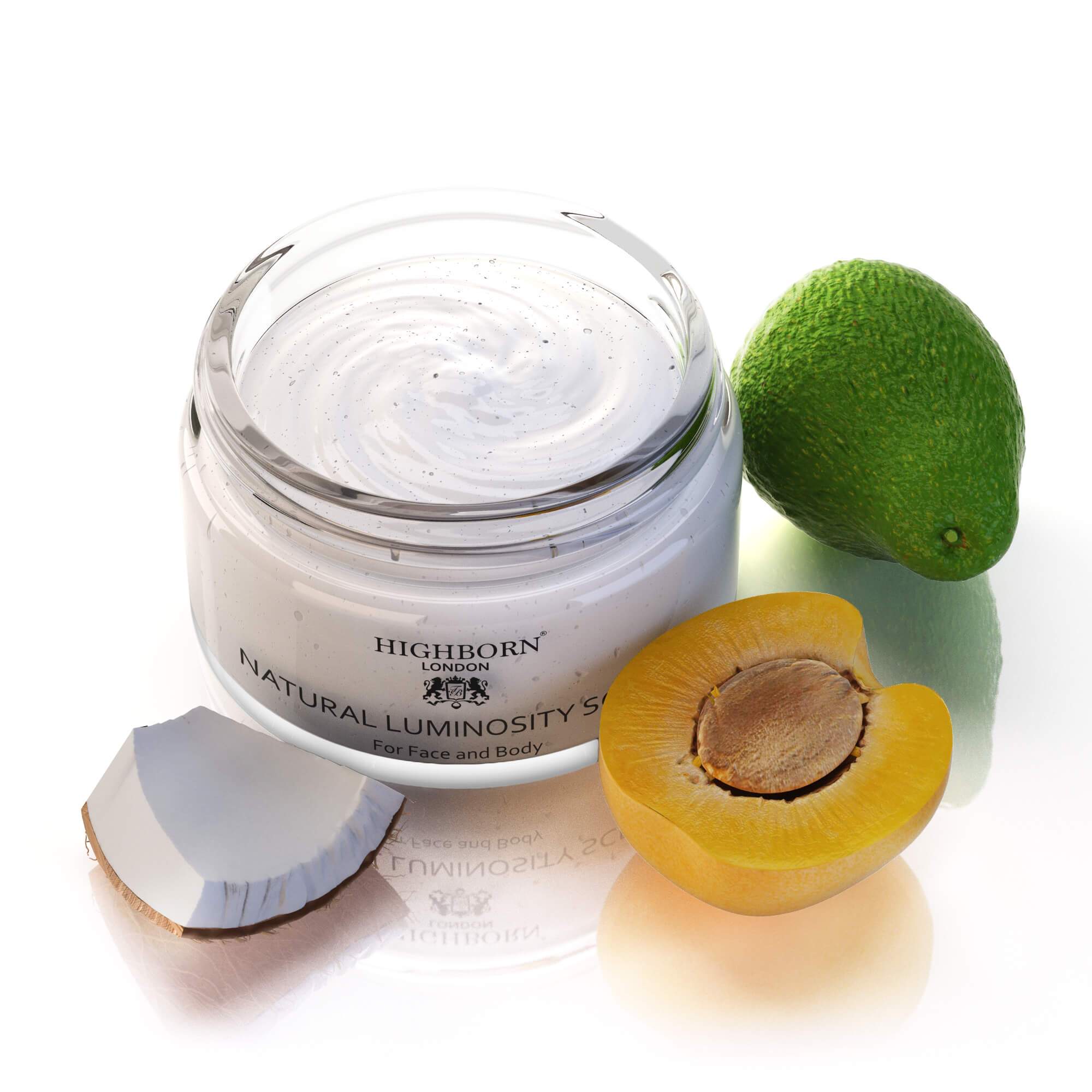 Highborn London Natural Luminosity Scrub in a clear 220ml glass jar on white background