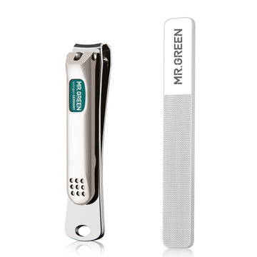 Metallic nail clipper and comb with 'MR.GREEN' branding on a white background