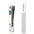 Metallic nail clipper and comb with 'MR.GREEN' branding on a white background