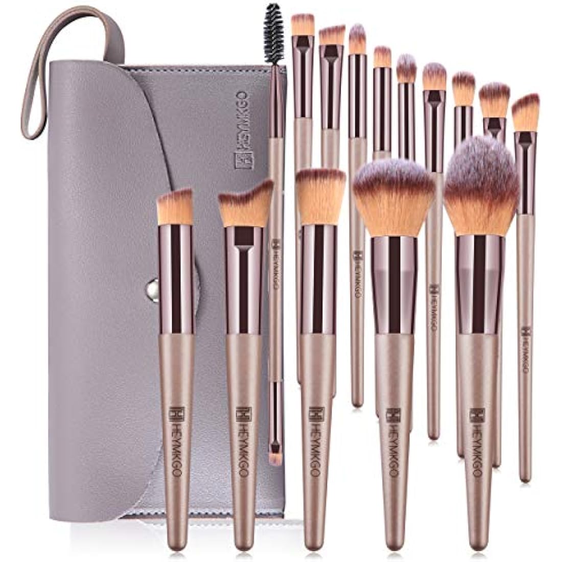 Makeup brush set with a gray case on a white background