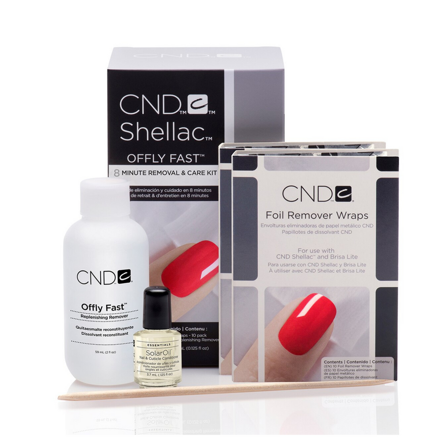 CND Shellac nail care products including a bottle, box, and wraps on a white background