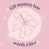 Mystery box promotion with a pink background and a bow illustration.