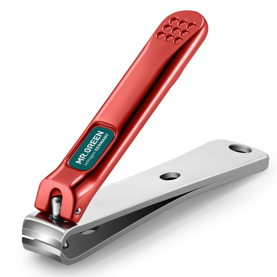 Red and silver nail clipper on a white background