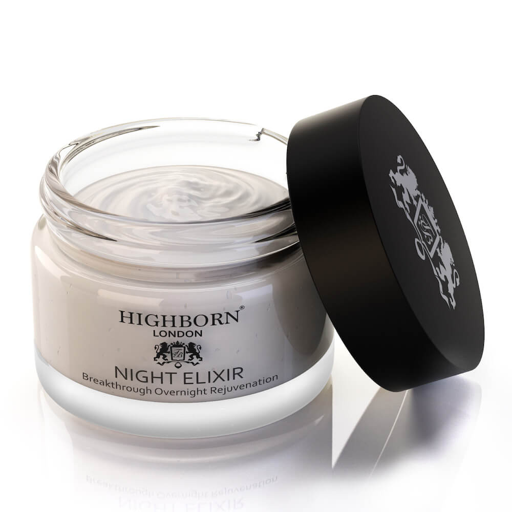 Highborn Night Elixir moisturising night cream jar with open lid on white background