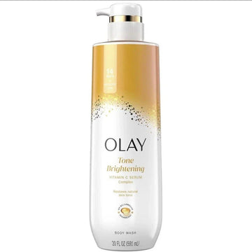 Olay Tone Brightening body wash bottle on a white background