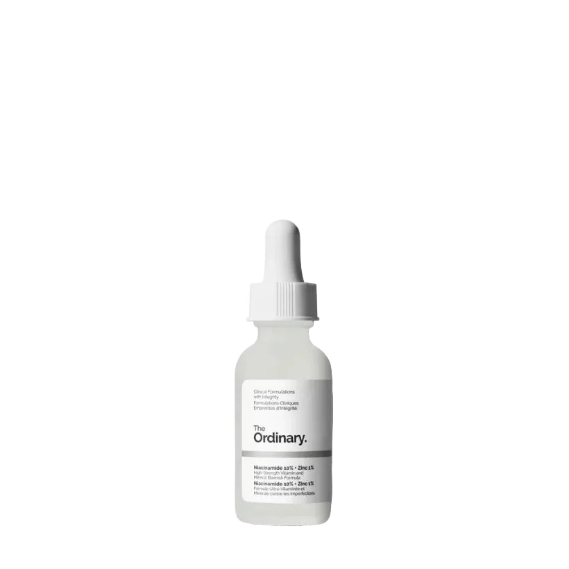 Skincare serum bottle with dropper labeled 'The Ordinary' on a white background