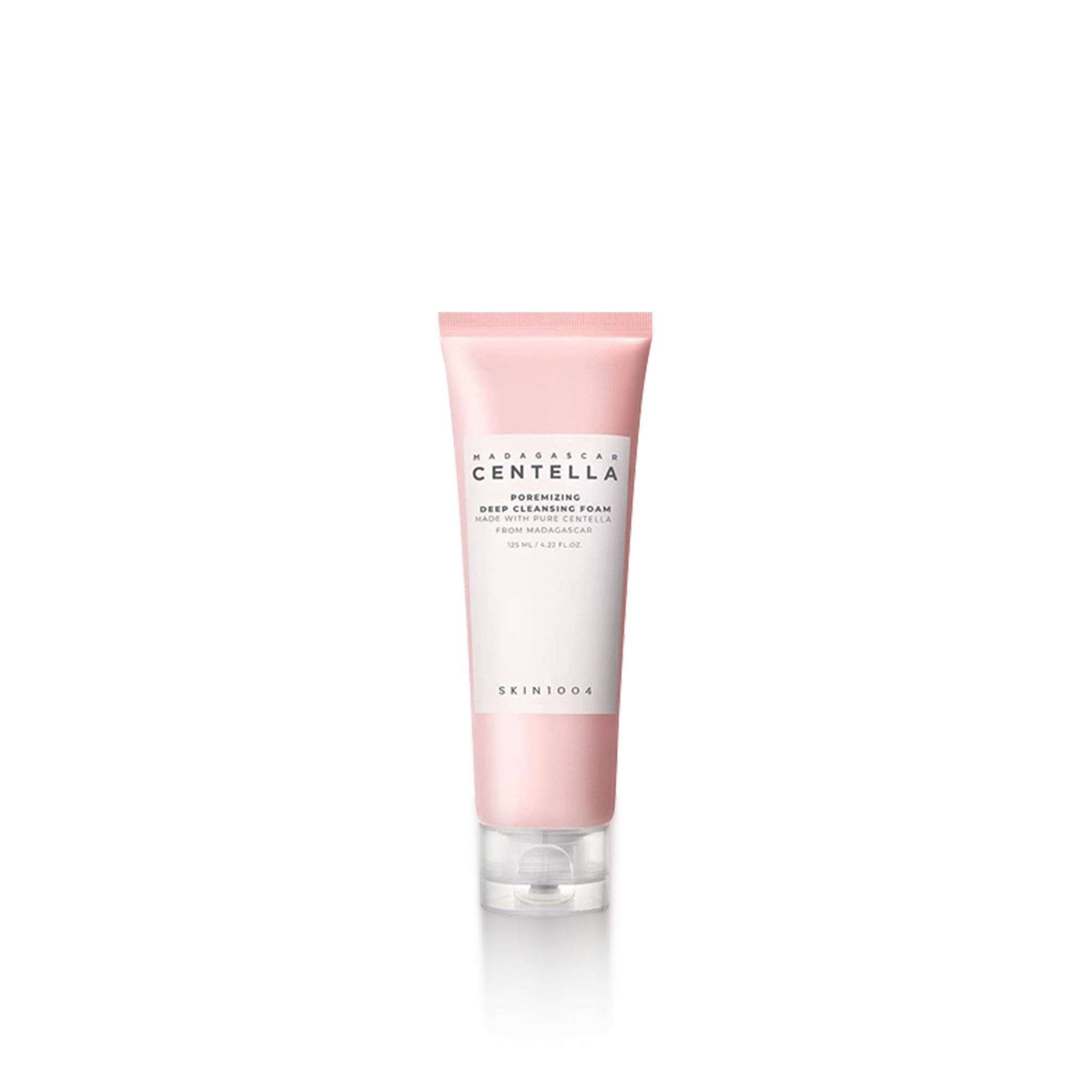 Skincare tube with pink and white design on a white background