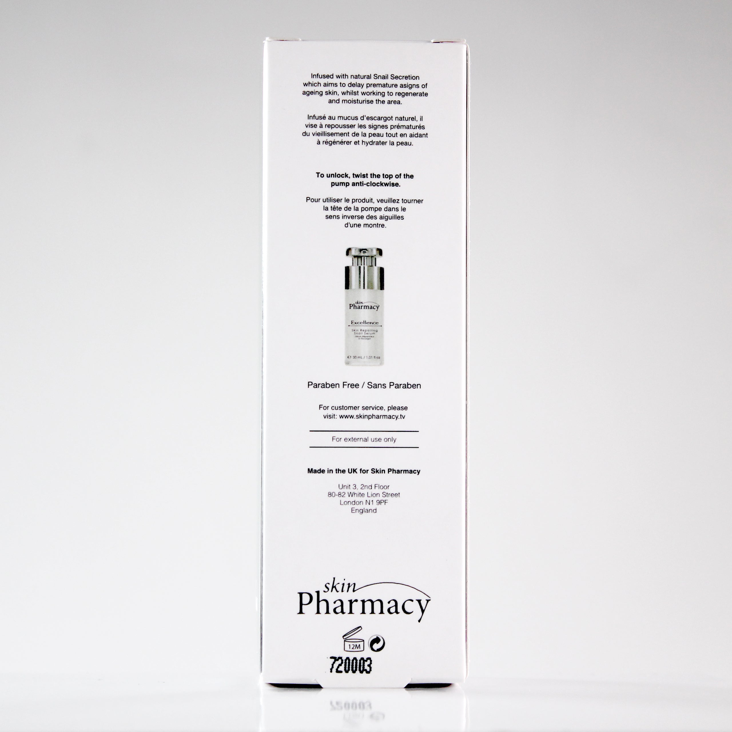 Primary: Skin Repairing Snail Serum 30ml in pump bottle packaging
Secondary: Skin Repairing Snail Serum outer packaging box 30ml