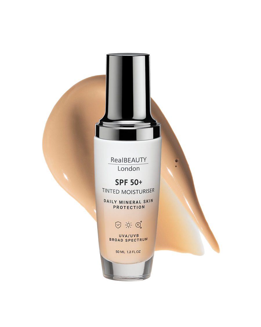 Real Beauty London SPF 50+ Tinted Moisturizer bottle with a swatch of the product on a white background
