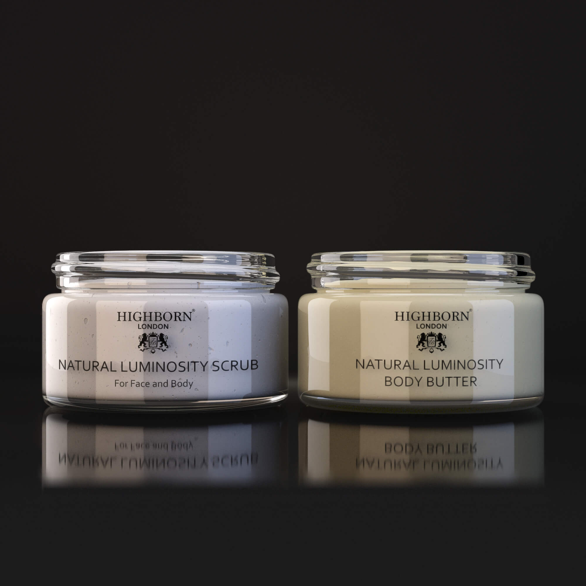 Highborn London Natural Luminosity Scrub and Body Butter duo on a white background