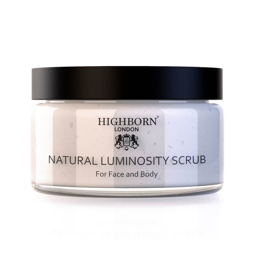 Highborn London Natural Luminosity Scrub in a clear 220ml glass jar on white background