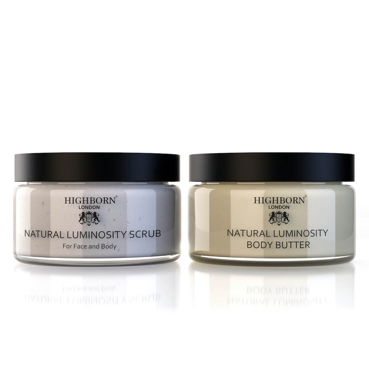 Highborn London Natural Luminosity Scrub and Body Butter duo on a white background