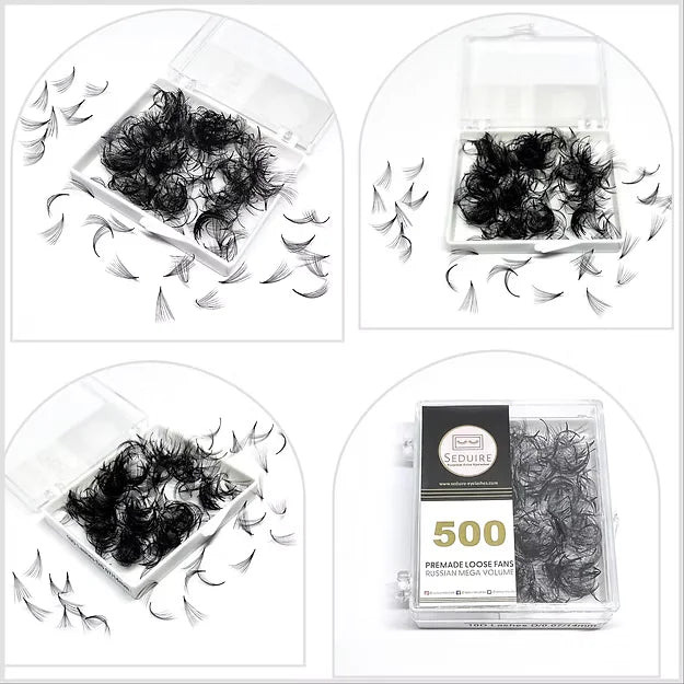 Four views of a package labeled '500 Premade Loose Fans' with black hair extensions.