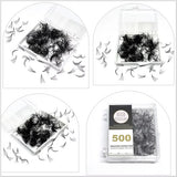 Four views of a package labeled '500 Premade Loose Fans' with black hair extensions.