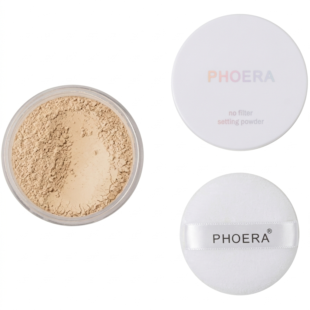 Phoera setting powder with open container showing powder inside, on a white background