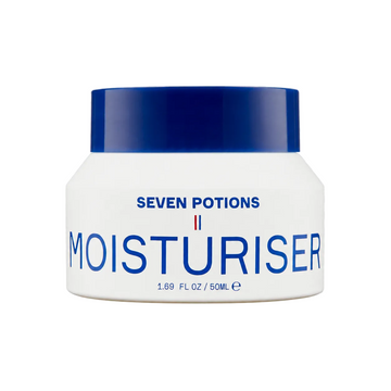 A white cosmetic jar of Seven Potions Moisturiser with a dark blue lid, shown on a transparent checkerboard background.
