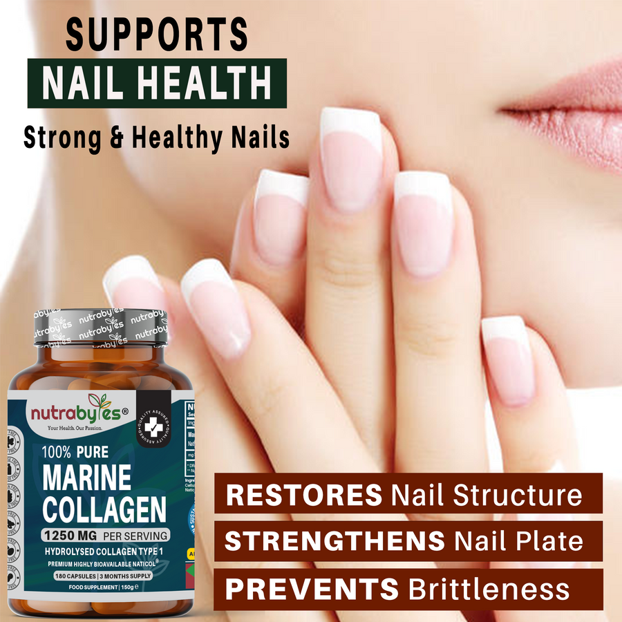 Pure Marine Collagen Supplement | 1250mg High Strength Collagen Capsules | Hydrolysed Marine Collagen Protein Peptides Type 1 | 180 Collagen Capsules | 3-month supply | Made in UK