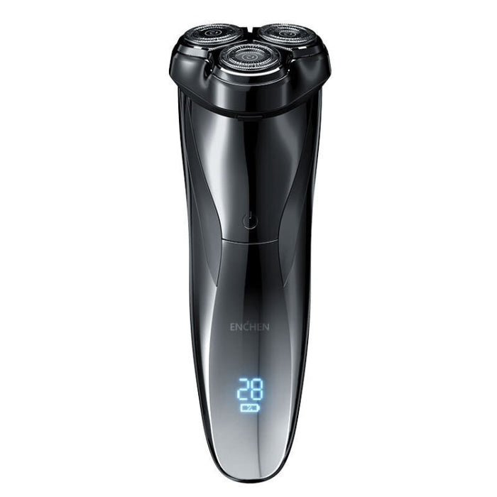 Black electric shaver with digital display on a white background