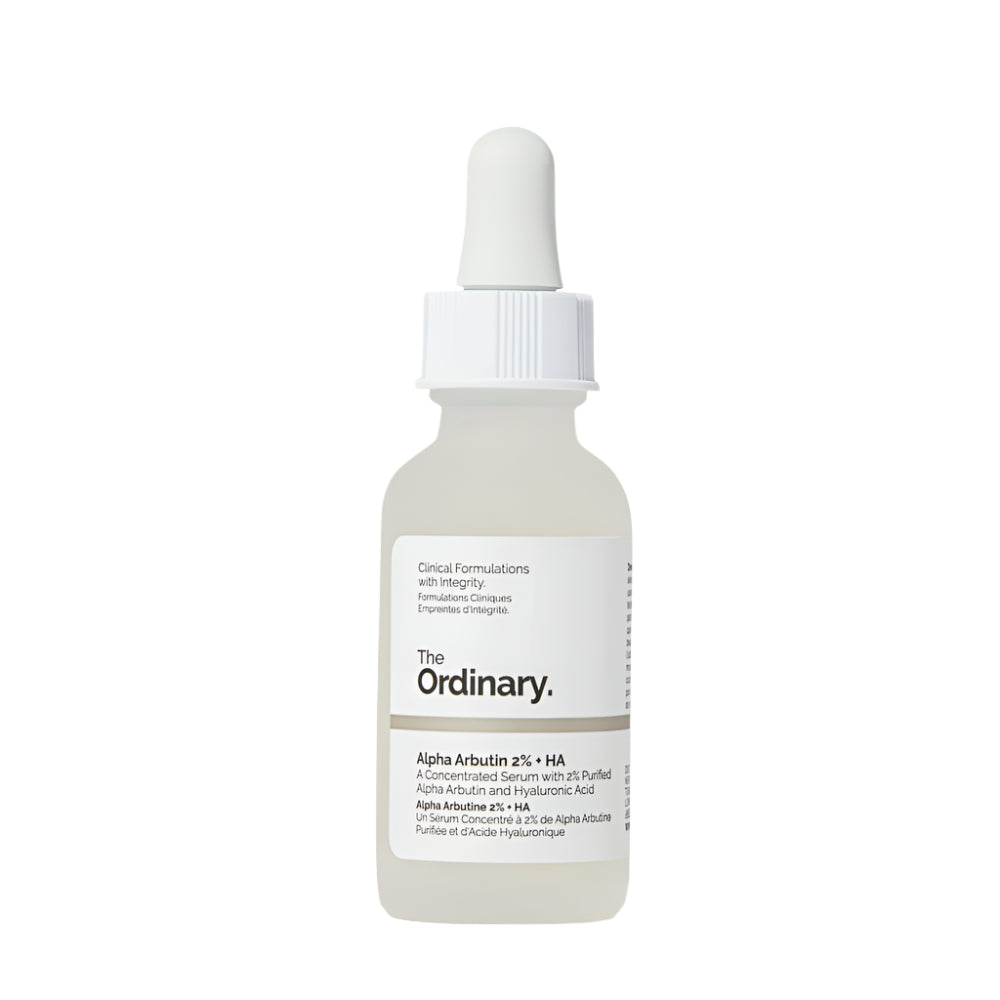 Skincare dropper bottle labeled 'The Ordinary' on a white background