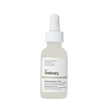 Skincare dropper bottle labeled 'The Ordinary' on a white background