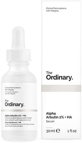 The Ordinary Alpha Arbutin 2% + HA serum bottle and packaging on a white background